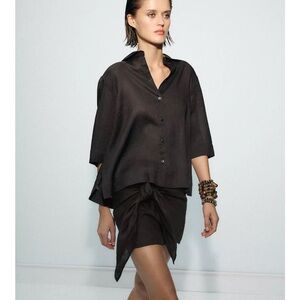 Zara dark brown linen button-Up Blouse XS and Skirt S Set